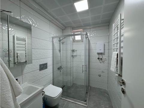 Shower, rainfall showerhead, hair dryer, towels