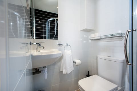 Combined shower/tub, free toiletries, hair dryer, towels