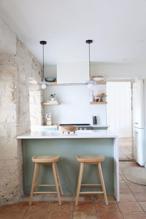 Stove, microwave, fridge, cookware