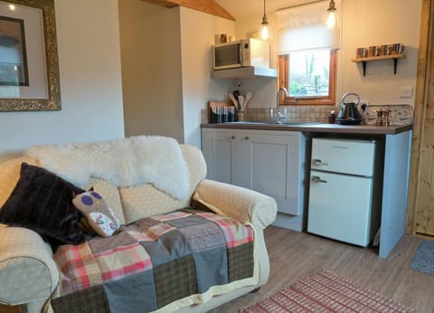 Living area with sofa, kitchenette