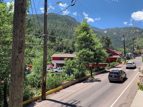 View of Iron Springs Chateau & Pikes Peak Cog Railway depot from front balcony