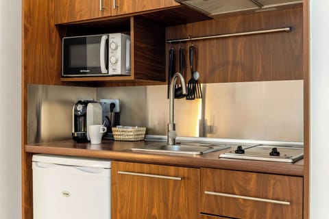 Mini-fridge, microwave, stovetop, espresso maker