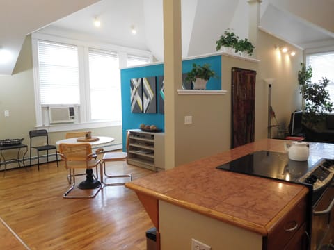 Kitchen open to dining area