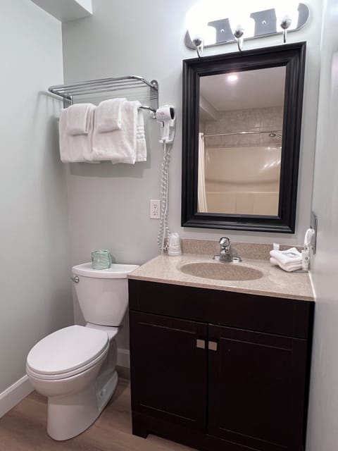 Combined shower/tub, free toiletries, hair dryer, towels