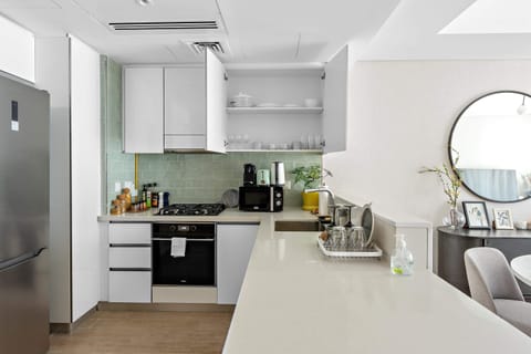 Panoramic Apartment | Private kitchen | Fridge, microwave, oven, stovetop