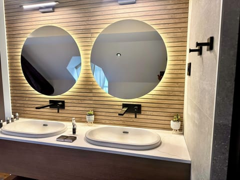 Shower, rainfall showerhead, hair dryer, bathrobes