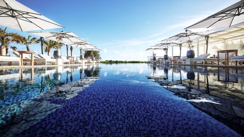 Indoor pool, outdoor pool, pool umbrellas