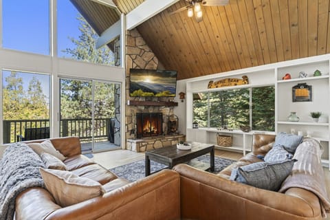 Cozy living room w/ soaring wood ceilings, fireplace & sunlit windows framing peaceful forest views