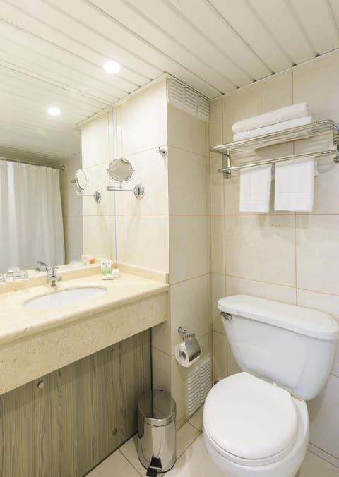 Combined shower/tub, hair dryer, towels