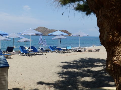 On the beach, sun loungers, beach umbrellas