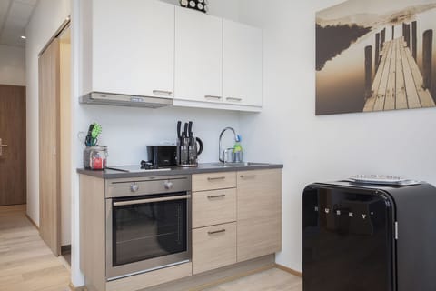 Corner Apartment with View | Private kitchen | Fridge, microwave, oven, stovetop