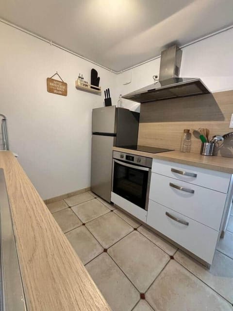 Cuisine équipée d'un réfrigérateur congélateur, d’un four et d'une plaque à induction.