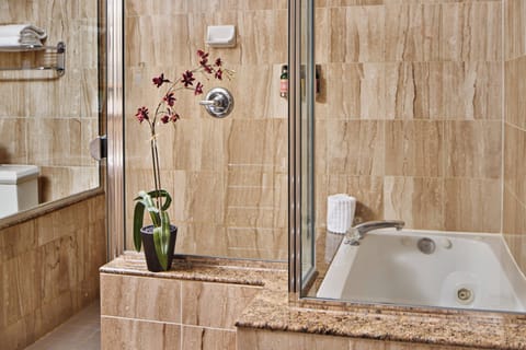 Combined shower/tub, designer toiletries, hair dryer, towels