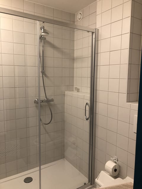 Shower, free toiletries, hair dryer, towels