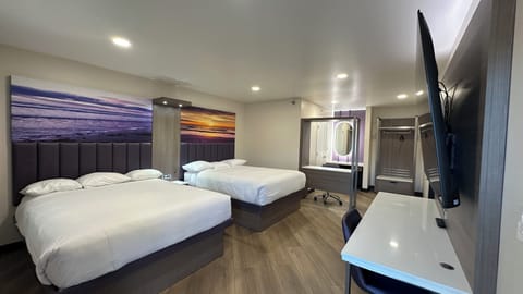 2 Queen Beds with Kitchenette | Desk, laptop workspace, blackout drapes, iron/ironing board