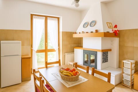 Kitchen with fireplace and French door to access garden
