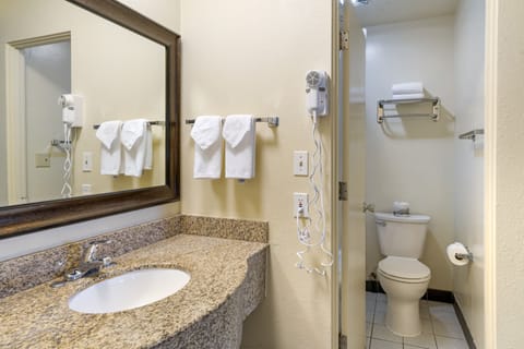 Combined shower/tub, free toiletries, hair dryer, towels