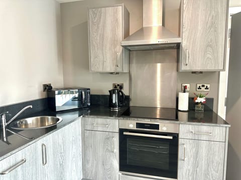 Elite Apartment | Private kitchen | Full-size fridge, microwave, oven, stovetop