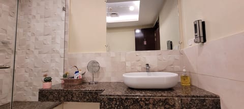 Elite Apartment, 1 King Bed, City View | Bathroom | Shower, rainfall showerhead, hair dryer, towels