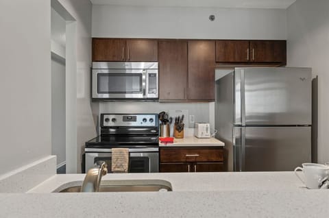 Deluxe Apartment, Kitchen | Private kitchen | Full-size fridge, microwave, oven, stovetop