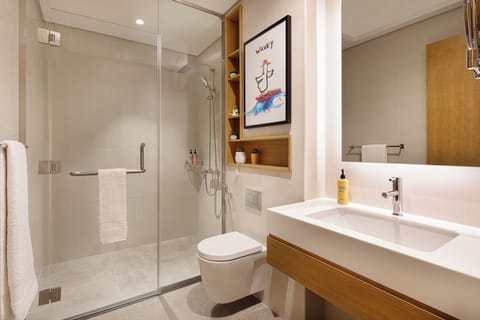 Shower, rainfall showerhead, eco-friendly toiletries, hair dryer