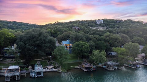 A bird's-eye view of our cozy lakeside retreat
