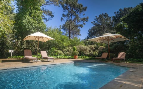 Outdoor pool, pool umbrellas, sun loungers