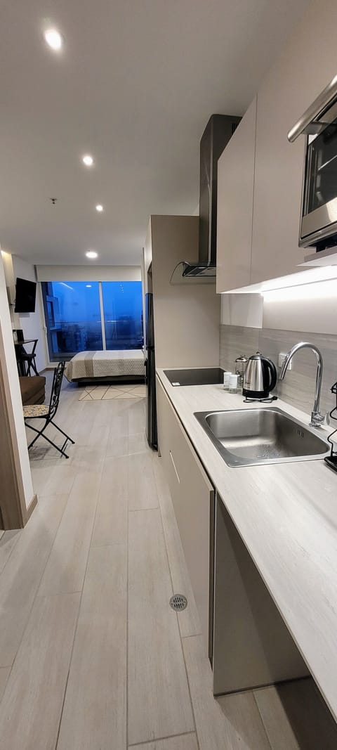 Business Studio Suite, 1 Double Bed with Sofa bed, City View, Tower | Private kitchen | Full-size fridge, microwave, oven, stovetop