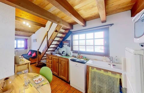 The studio's open-plan living space features a fully equipped kitchen with a dishwasher, a dining table for two, and a comfortable sofa bed. The wooden beams and exposed stonework give the space a charming, rustic feel. A staircase leads up to the mezzani