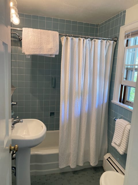 Combined shower/tub, rainfall showerhead, towels, soap