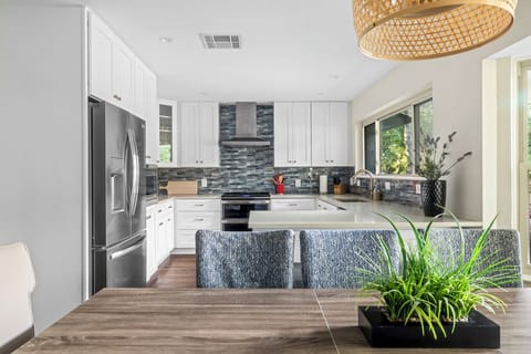 Our kitchen has enough space and is fully stocked for what you need to prepare a meal.