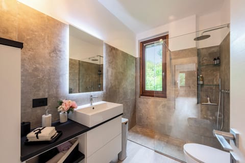 Shower, hair dryer, bidet, towels