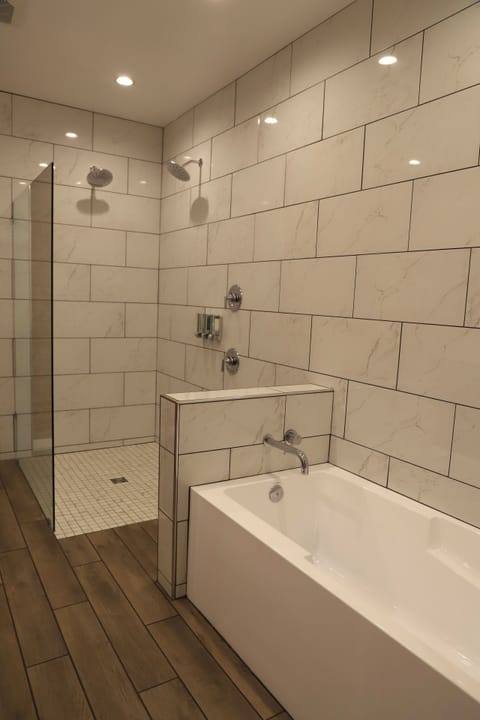 Separate tub and shower, hair dryer, towels, soap