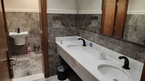 Separate tub and shower, hair dryer, towels, soap