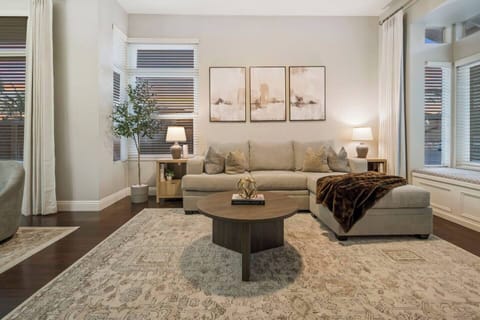 Living room with cozy chaise sofa with a queen size sofa bed.