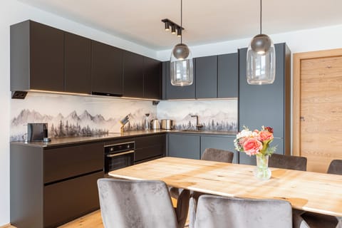 Full-size fridge, oven, stovetop, dishwasher