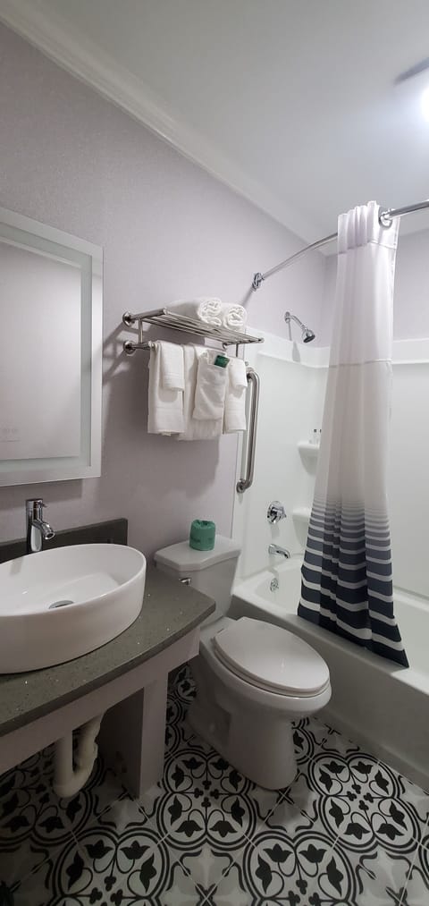 Combined shower/tub, free toiletries, hair dryer, towels