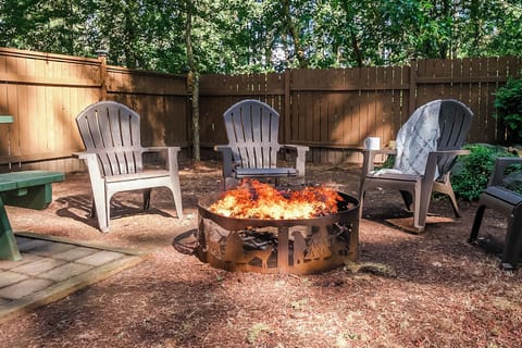 Backyard firepit next to the pond. Relax!