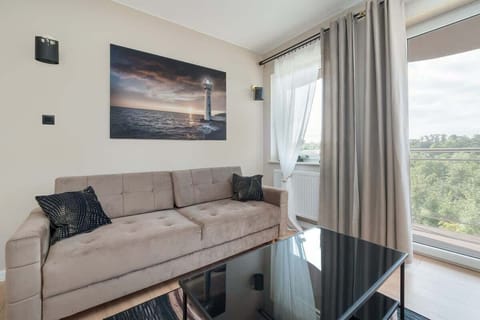 Living room with a double sofa bed, coffee table, flat screen TV and exit to the balcony.