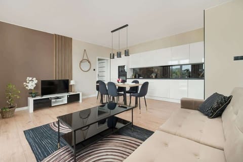 Lounge area with a double fold-out sofa bed, coffee table, TV and kitchenette with dining area.