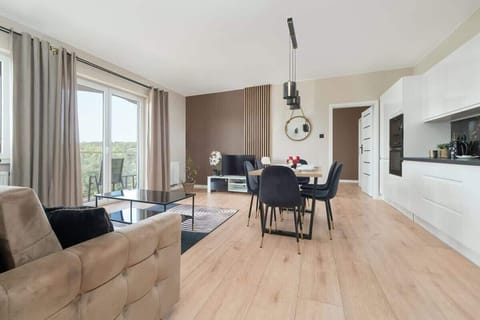 Spacious living room with a sofa, coffee table, flat screen TV, access to the balcony and kitchenette.