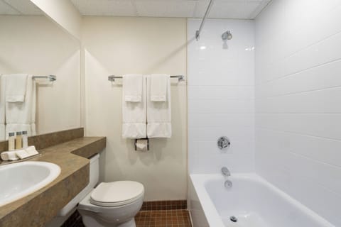 Combined shower/tub, free toiletries, hair dryer, towels