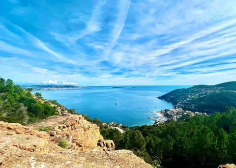 Enjoy breathtaking panoramic views of the Mediterranean from the cliffside. Azure waters, dotted with boats, meet a charming coastal town nestled in lush greenery. Wispy clouds in the sky complete this serene French Riviera scene, offering a tranquil back