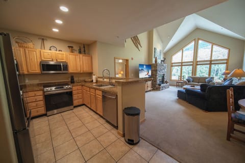 Spacious kitchen and living room areas