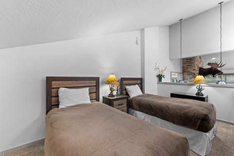 Secondary loft area featuring two twin beds overlooking the kitchen and dining area.