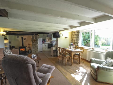 living room area with fireplace, dining table and two armchairs