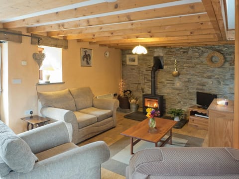 Lounge with wood burner, 2 sofas, armchair, coffee table, TV and window
