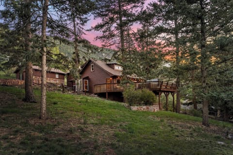 Exterior view of forest cabin.