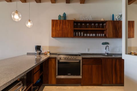 A contemporary kitchen with elegant wood finishes, modern appliances, and a clean, functional design.