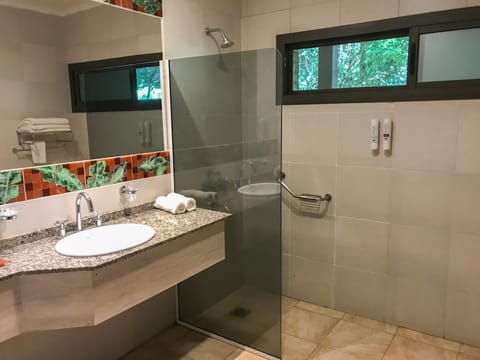 Combined shower/tub, eco-friendly toiletries, hair dryer, bidet